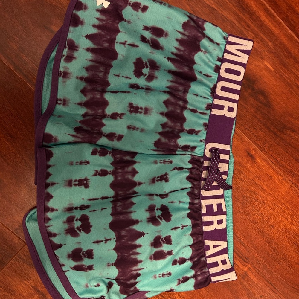 Under Armour Girls Green and Purple Drawstring Athletic Shorts Tie-Dye Design